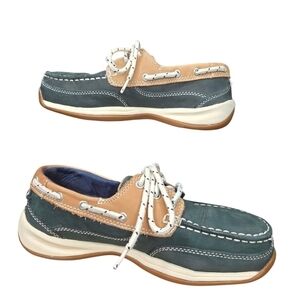 Rockport Works Women's Sailing Club Navy Tan 3 Eye Tie Work Boat Shoe Size 6.5
